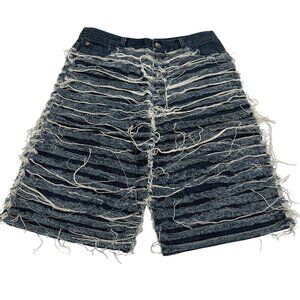 Strike Oil Shredded Denim Shorts in Indigo